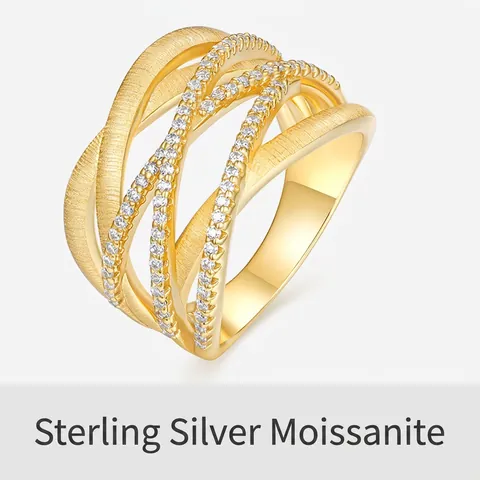 Anello S925 Argento Sterling Placcato Oro Incrociato Traforato Donna Spazzolato Moissanite Intarsiato Anello a Fascia Gioielleria