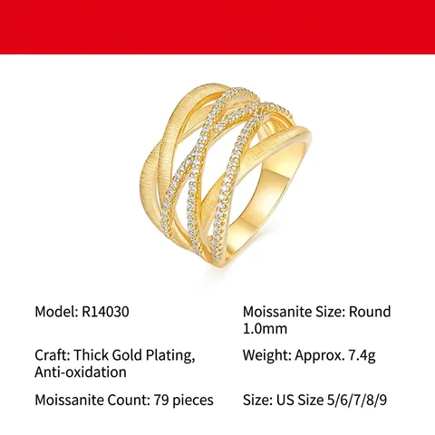 Anello S925 Argento Sterling Placcato Oro Incrociato Traforato Donna Spazzolato Moissanite Intarsiato Anello a Fascia Gioielleria