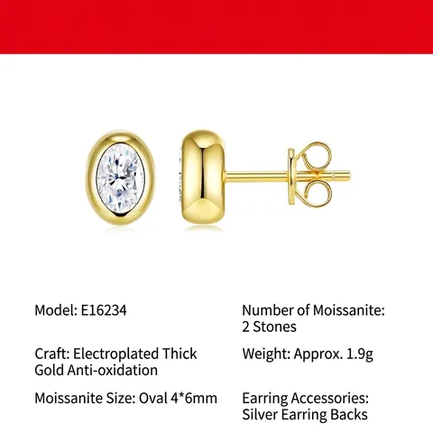 Pendientes de Botón de Plata de Ley 925 Moissanita para Mujer Chapado en Oro Ovalado Bisel Minimalista Joyería Fina Regalo