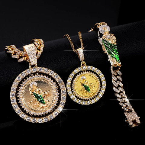 Set di Collana e Bracciale San Giuda Rotante Hip Hop in Lega di Zinco con Strass Smalto Verde Catena Cubana Gioielli Religiosi