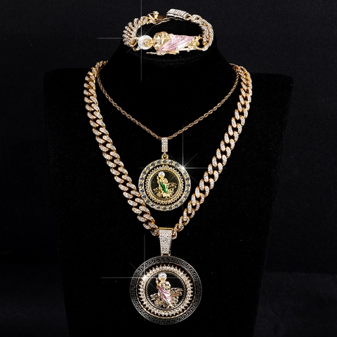 Collar con Colgante de San Judas Hip Hop Pulsera Aleación Chapada en Oro Diamantes de Imitación Cadena Cubana Joyería Religiosa