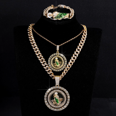 Set di Collana e Bracciale San Giuda Rotante Hip Hop in Lega di Zinco con Strass Smalto Verde Catena Cubana Gioielli Religiosi