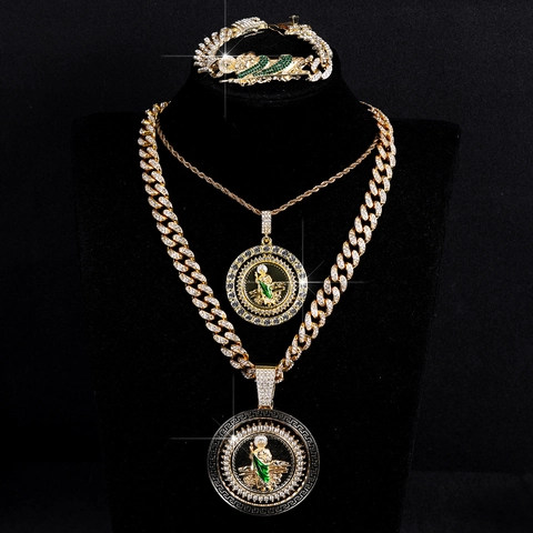 Hip Hop Gold Zinc Alloy St Jude Pendant Necklace And Bracelet Set With Rhinestone Cuban Chain Jewelry For Men Women