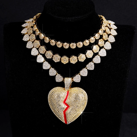 Hip Hop Alloy Broken Heart Pendant Necklace Set For Men Women Full Rhinestone Cuban Chain Iced Out Jewelry Set