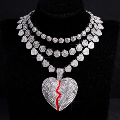 Hip Hop Alloy Broken Heart Pendant Necklace Set For Men Women Full Rhinestone Cuban Chain Iced Out Jewelry Set