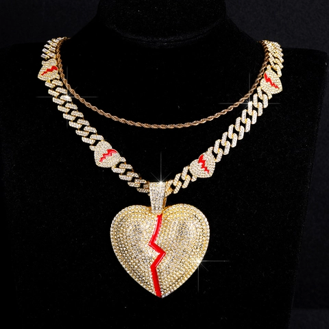 Hip Hop Legierung Strass Gebrochenes Herz Anhänger Halskette Set Rote Emaille Tropfen Herz Panzerkette Schmuck Für Unisex