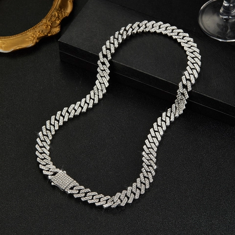 Hip Hop Double Row Rhinestone Cuban Link Chain Necklace Alloy Silver Iced Out Jewelry For Men Women Party Personality Gift
