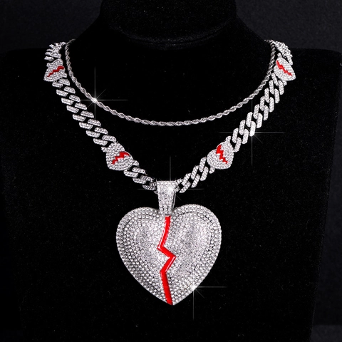 Hip Hop Legierung Strass Gebrochenes Herz Anhänger Halskette Set Rote Emaille Tropfen Herz Panzerkette Schmuck Für Unisex
