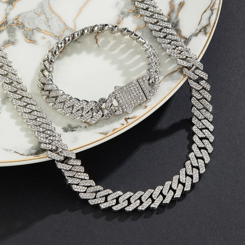 Hip Hop Double Row Rhinestone Cuban Link Chain Necklace Alloy Silver Iced Out Jewelry For Men Women Party Personality Gift