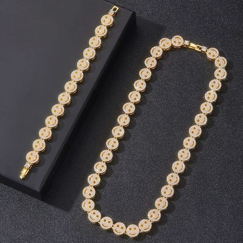 Conjunto de Joyería Hip Hop de Aleación Diamantes de Imitación Cara Sonriente Cadena Cubana Collar Y Pulsera para Hombre Mujer Bling
