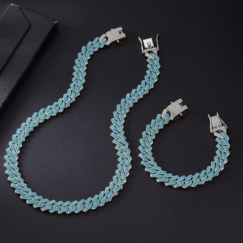 Punk Hip Hop Set Gioielli Catena a Maglia Cubana in Lega Con Strass per Unisex Iced Out Collana e Bracciale Colorati