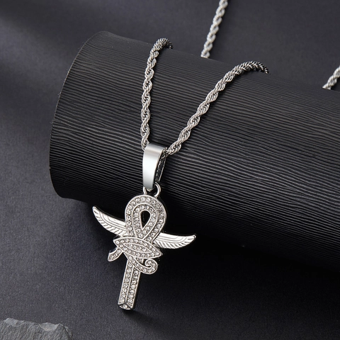 Hip Hop Alloy Rhinestone Eye of Horus Ankh Cross Pendant Necklace With Rope Chain Retro Egyptian Jewelry For Men Women