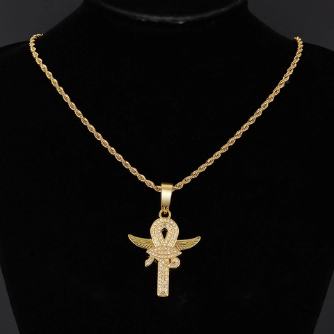 Hip Hop Alloy Rhinestone Eye of Horus Ankh Cross Pendant Necklace With Rope Chain Retro Egyptian Jewelry For Men Women