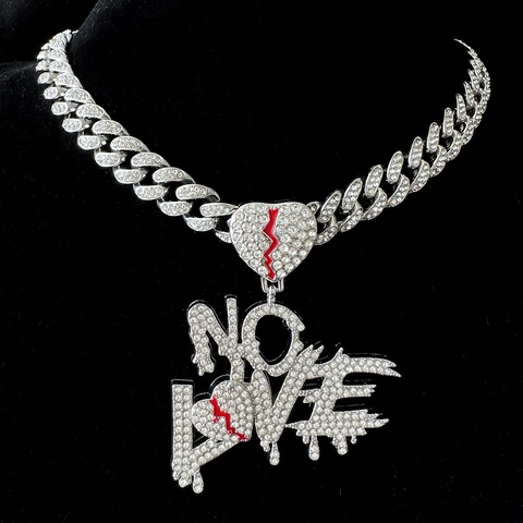 Hip Hop Alloy Rhinestone Pendant Necklace With Heart And NO LOVE Letters Cuban Chain For Men Women Streetwear Jewelry Gift