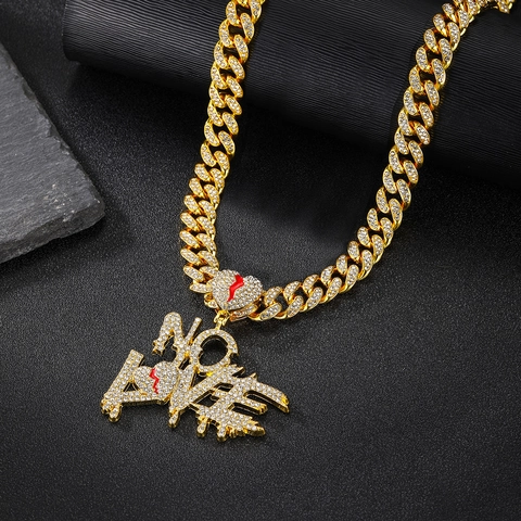 Hip Hop Alloy Rhinestone Pendant Necklace With Heart And NO LOVE Letters Cuban Chain For Men Women Streetwear Jewelry Gift