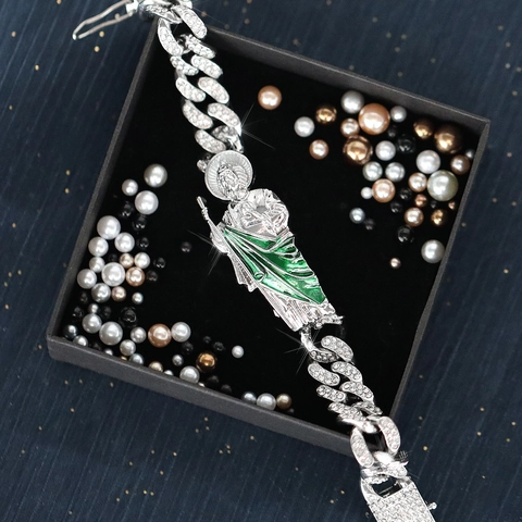 Bracciale Hip Hop in Lega a Maglia Cubana Con Pendente Ritratto Religioso San Giuda Intarsiato con Strass Gioielli Smaltati per Uomo Donna