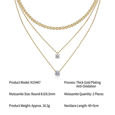 925 Sterling Silver Moissanite Layered Necklace Gold Plated Triple Chain Pendant Necklace Elegant Fashion Jewelry For Women