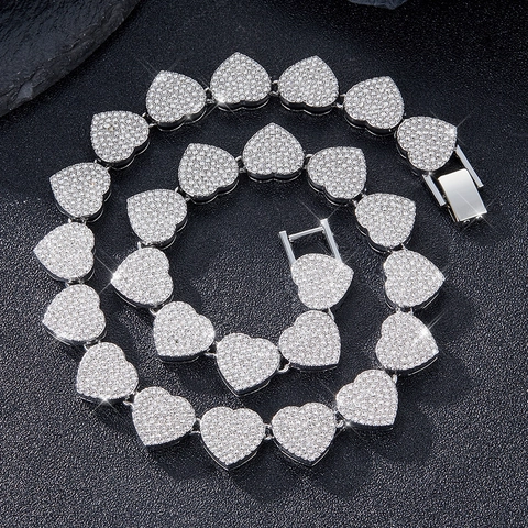 Collana Bracciale a Maglia Cubana a Cuore Iced Out Gioielli Hip Hop per Uomo Donna Lega Strass Pavé Catena a Cuore