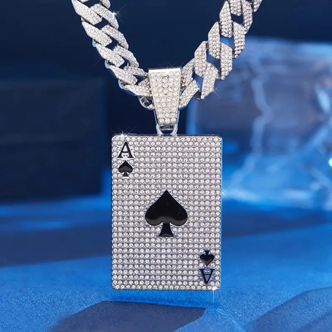 Collana con Ciondolo Asso di Picche Poker Stile Hip Hop in Lega con Strass Catena Cubana Gioielli per Uomo Donna