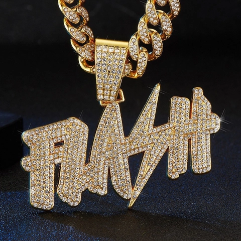 Collana con Pendente Lettera FLASH Hip Hop Iced Out in Lega con Strass Fulmine Catena a Maglia Cubana per Uomo Donna Gioielli Streetwear