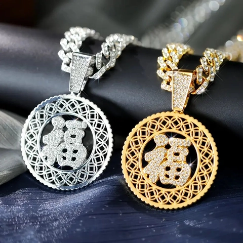 Collana con Ciondolo Rotondo Carattere Fu in Strass Iced Out Lega Hip Hop Maglia Cubana Oro Argento Portafortuna Gioielli per Uomo Donna