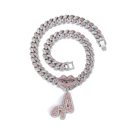 Collana con Pendente Lettera Iniziale Hip Hop in Lega con Strass Catena a Maglia Cubana Pendente Labbra Rosa Gioielli Moda per Uomo Donna