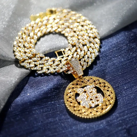 Collana con Ciondolo Rotondo Carattere Fu in Strass Iced Out Lega Hip Hop Maglia Cubana Oro Argento Portafortuna Gioielli per Uomo Donna