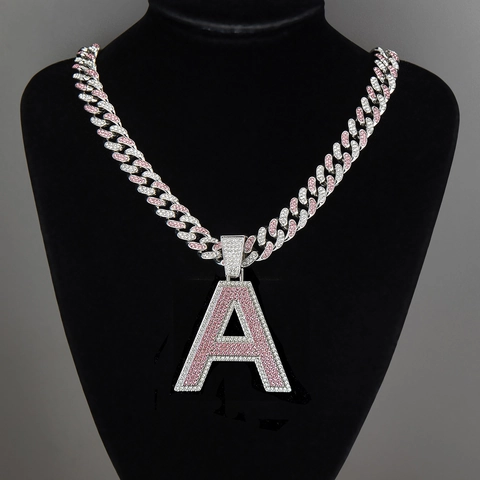 Collar con Colgante de Letra Inicial Hip Hop Iced Out para Hombre Mujer Plata Rosa Diamante de Imitación Cadena Cubana Alfabeto A B M N S Joyería