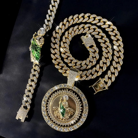 Hip Hop Gold Plated Zinc Alloy Rhinestone Saint Jude Pendant Necklace And Bracelet Set For Men Women Religious Jewelry