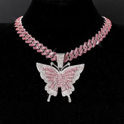 Hip Hop Alloy Rhinestone Butterfly Pendant Necklace Bold Iced Out Cuban Link Chain For Women Men Party Jewelry Accessory
