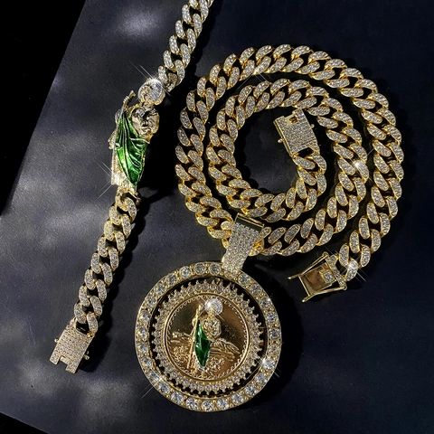 Hip Hop Gold Plated Zinc Alloy Rhinestone Saint Jude Pendant Necklace And Bracelet Set For Men Women Religious Jewelry