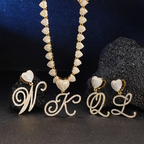 Hip Hop Legierung Strass Initial Buchstaben Anhänger Halskette Mit Herzform Gliedern Für Damen Gold Silber Plattiert Schmuck