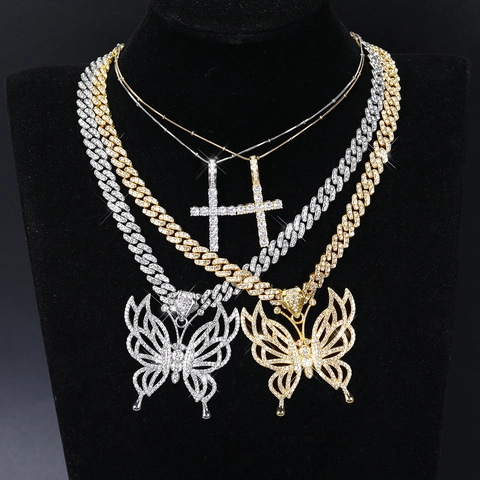 Collana con Pendente a Forma di Farfalla e Croce in Lega di Zinco con Strass Hip Hop Catena Cubana Combinazione Per Uomo Donna