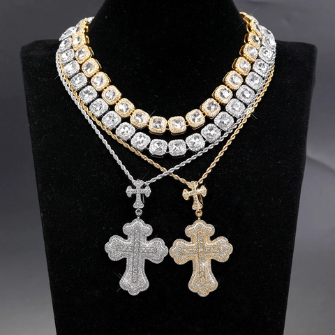 Hiphop Kruis Strass Hanger Ketting Set Voor Heren Goud Zilver Verguld Legering Cubaanse Ketting Twist Ketting Sieraden Cadeau