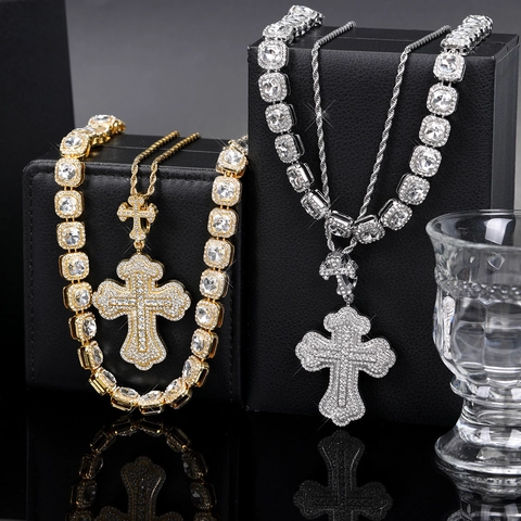 Hiphop Kruis Strass Hanger Ketting Set Voor Heren Goud Zilver Verguld Legering Cubaanse Ketting Twist Ketting Sieraden Cadeau