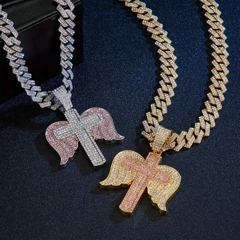Collana con Pendente a Croce e Ali di Angelo Hip Hop per Uomo Donna in Lega con Strass Catena Cubana Oro Argento Gioielli Regalo