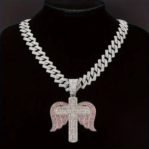 Collana con Pendente a Croce e Ali di Angelo Hip Hop per Uomo Donna in Lega con Strass Catena Cubana Oro Argento Gioielli Regalo