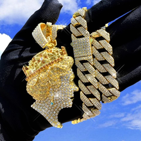 Lussuosa Collana Con Pendente Ritratto Regina Elisabetta II Hip Hop Iced Out Lega Strass Catena Cubana Per Uomo Donna Gioielli