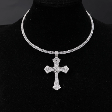 Hip Hop Alloy Cross Pendant Necklace Shimmering Rhinestone Inlaid Double Row Cuban Chain Silver Color Unisex Jewelry