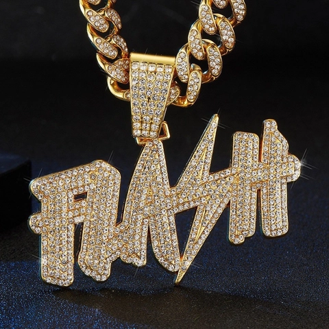 Hip Hop Iced Out FLASH Buchstabe Anhänger Halskette Legierung Strass Blitzschlag Panzerkette Für Damen Herren Streetwear Schmuck