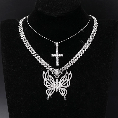 Collana con Pendente a Forma di Farfalla e Croce in Lega di Zinco con Strass Hip Hop Catena Cubana Combinazione Per Uomo Donna