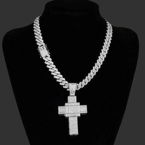 Collana con Pendente a Croce Hip Hop Iced Out per Uomo Donna Lega Strass Catena a Maglia Cubana Gioielli Street Retrò Regalo