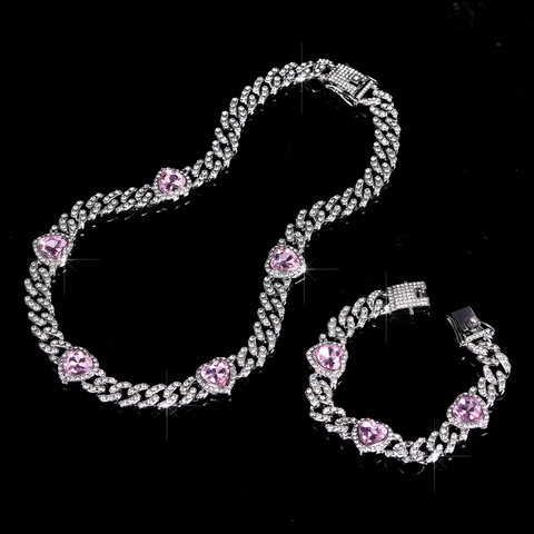 Collana E Bracciale a Maglia Cubana Hip Hop Lega Cuore Strass Rosa Pendente Gioielli Per Donna Accessori Moda Scintillanti