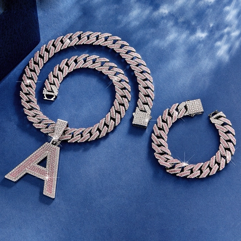 Conjunto de Joyas Cadena Cubana Hip Hop Collar Pulsera Colgante Alfabeto Aleación Diamantes de Imitación Plata Rosa Joyería