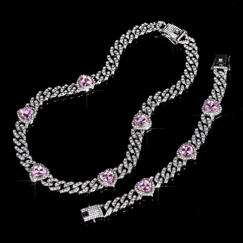 Collana E Bracciale a Maglia Cubana Hip Hop Lega Cuore Strass Rosa Pendente Gioielli Per Donna Accessori Moda Scintillanti