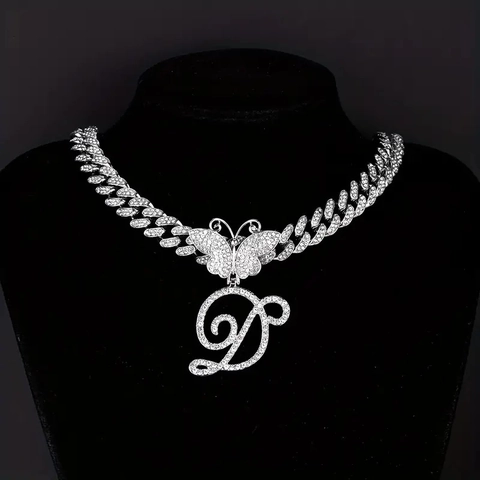 Hip Hop Iced Out Cursive English Letter Initial Pendant Necklace For Men Women Zinc Alloy Butterfly Clasp Rhinestone Cuban Chain Necklace