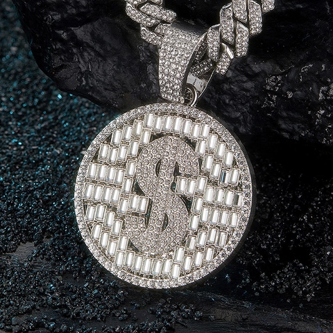 Hip Hop Ronde Dollarteken Hanger Halsketting Volledige Strass Legering Cubaanse Schakelketting Goud Zilver Sieraden
