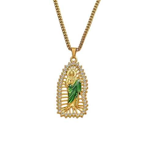 Hip Hop St Jude Religious Figure Pendant Necklace Gold Silver Plated Zinc Alloy Rhinestone Enamel Curb Chain Jewelry For Men