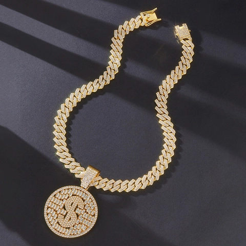 Hip Hop Ronde Dollarteken Hanger Halsketting Volledige Strass Legering Cubaanse Schakelketting Goud Zilver Sieraden