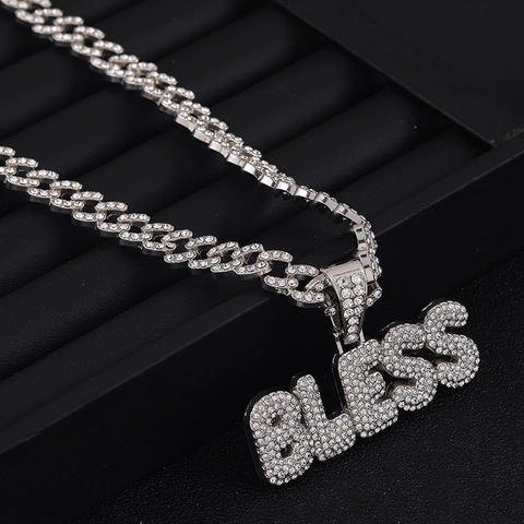 Collana con Pendente a Lettera BLESS in Lega Strass Hip Hop Iced Out per Uomo Donna Gioielli con Catena a Maglia Cubana